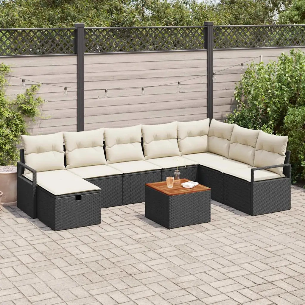Set Divano da Giardino con cuscino 9 pcs Nero polyrattan