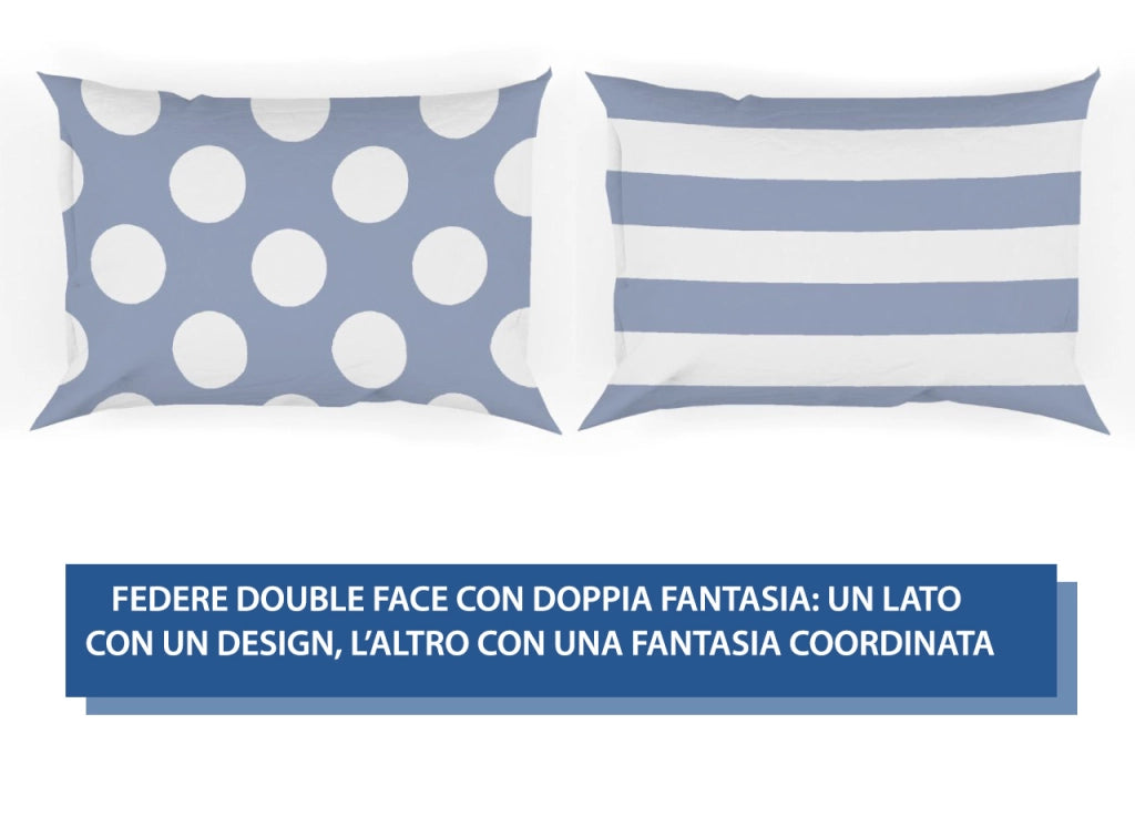 Coppia Federe Cuscino Letto Double Face 100% Cotone Disegno Pois GI - Federe - Azzurro