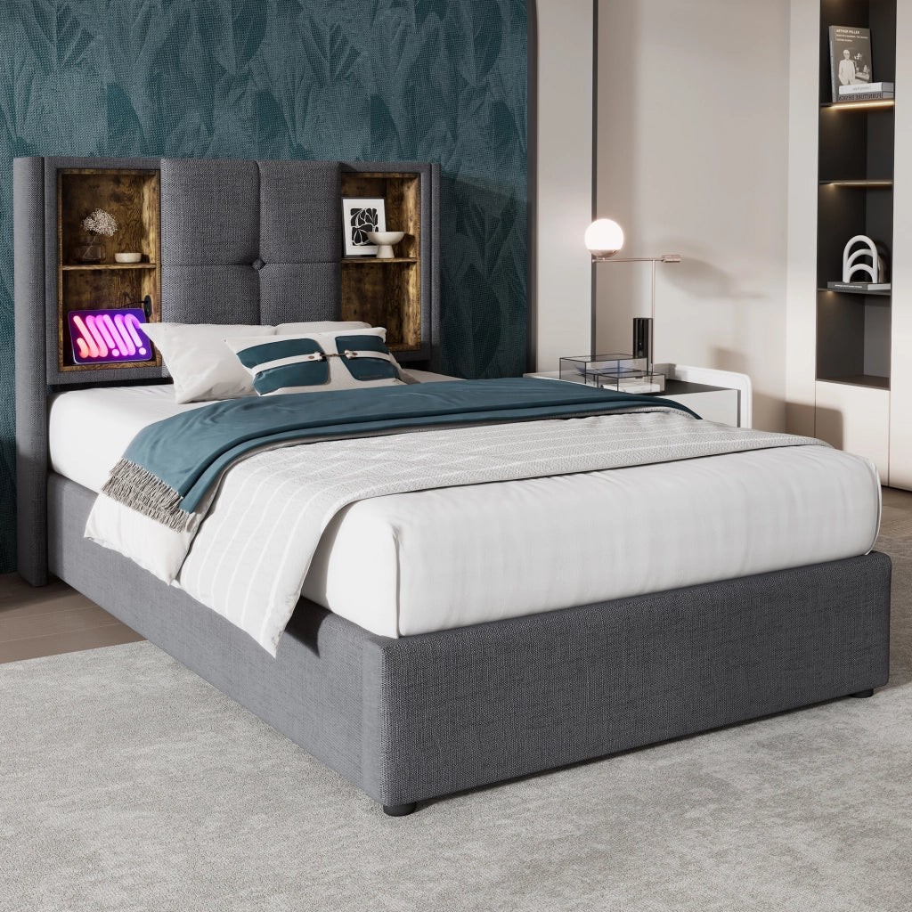LETTO 90x200 cm Imbottito Grigio Cotone con Ricarica Wireless e USB