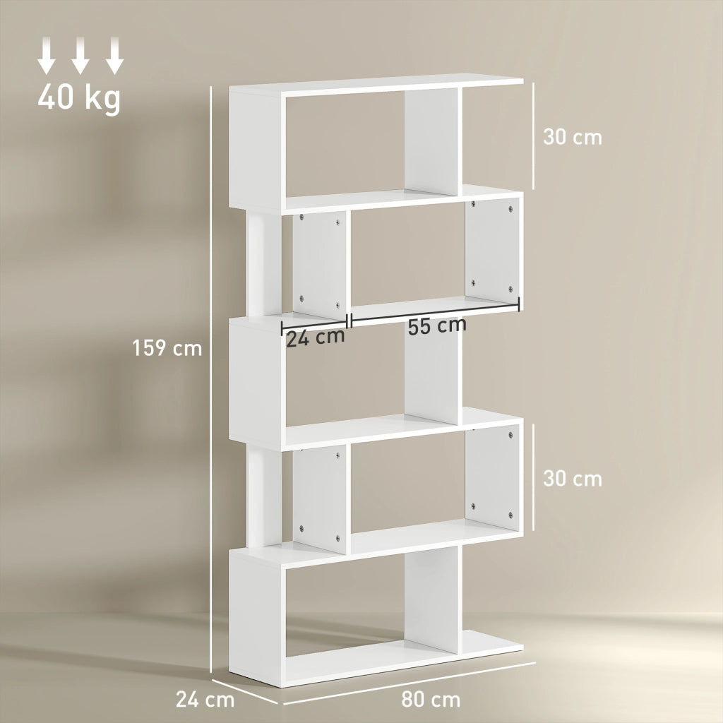 Libreria Asimmetrica a S a 5 Livelli con 10 Ripiani Aperti, in Legno, 80x24x159 cm, Bianco