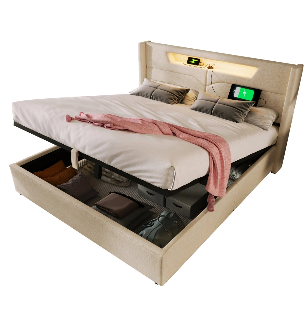 Letto matrimoniale imbottito 140x200 cm in lino beige con LED; USB e Type-C