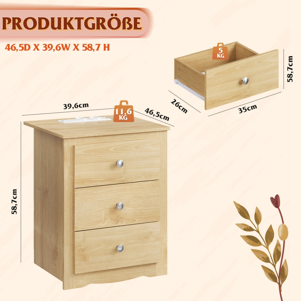 Comodino con 3 Cassetti e Prese USB ¨C Minimal ¨C Legno, Grigio, 40x40x50 cm