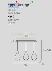 SOSP. CROMO 3 LUCI RETTANGOLARE VETRI (1 PICCOLO TRASPARENTE+2 PICCOLI FUME') 1193CR-S3 RP-TF