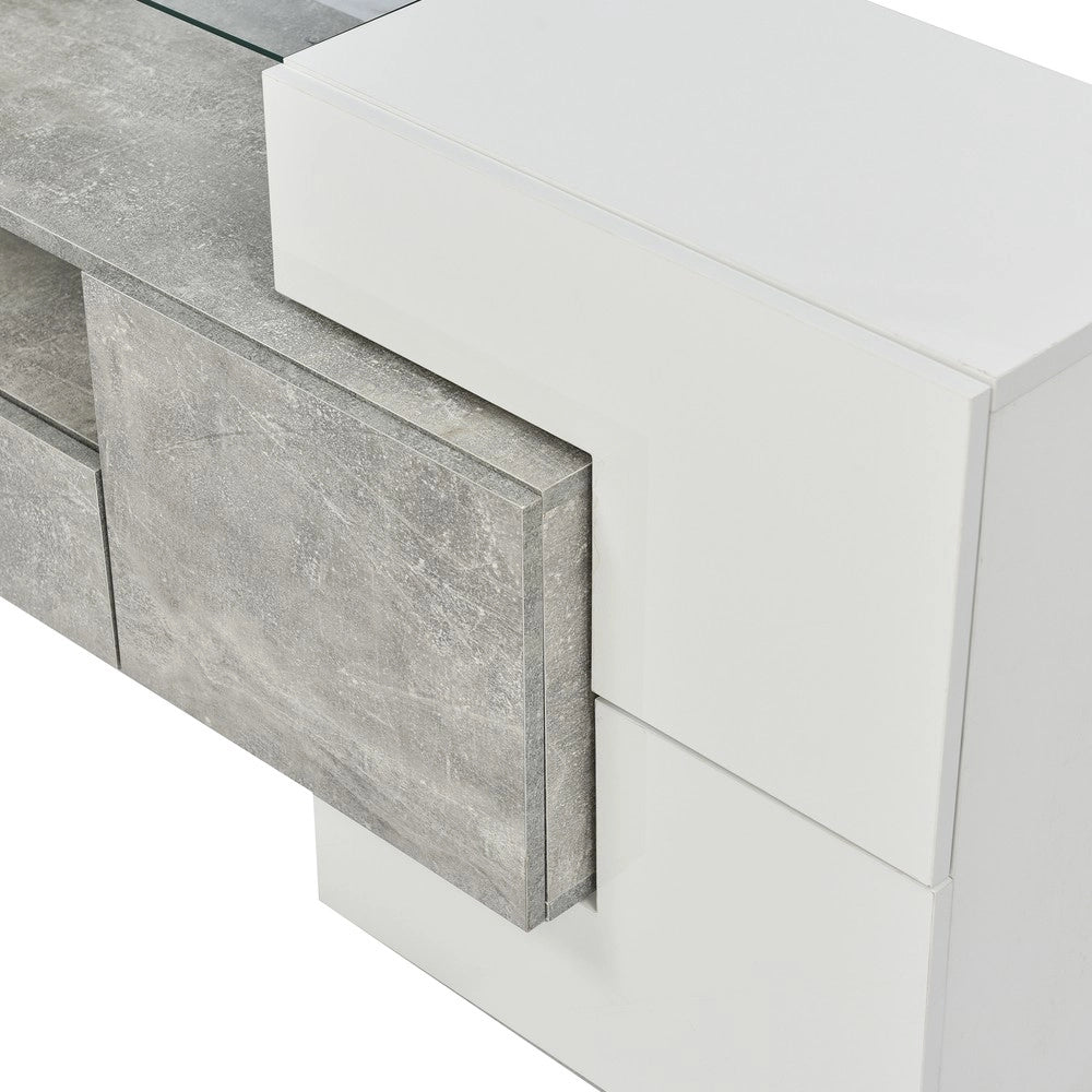 Mobile TV Lowboard Bianco Lucido con LED ¨C Xylo ¨C 200 cm, Vetro, Soggiorno