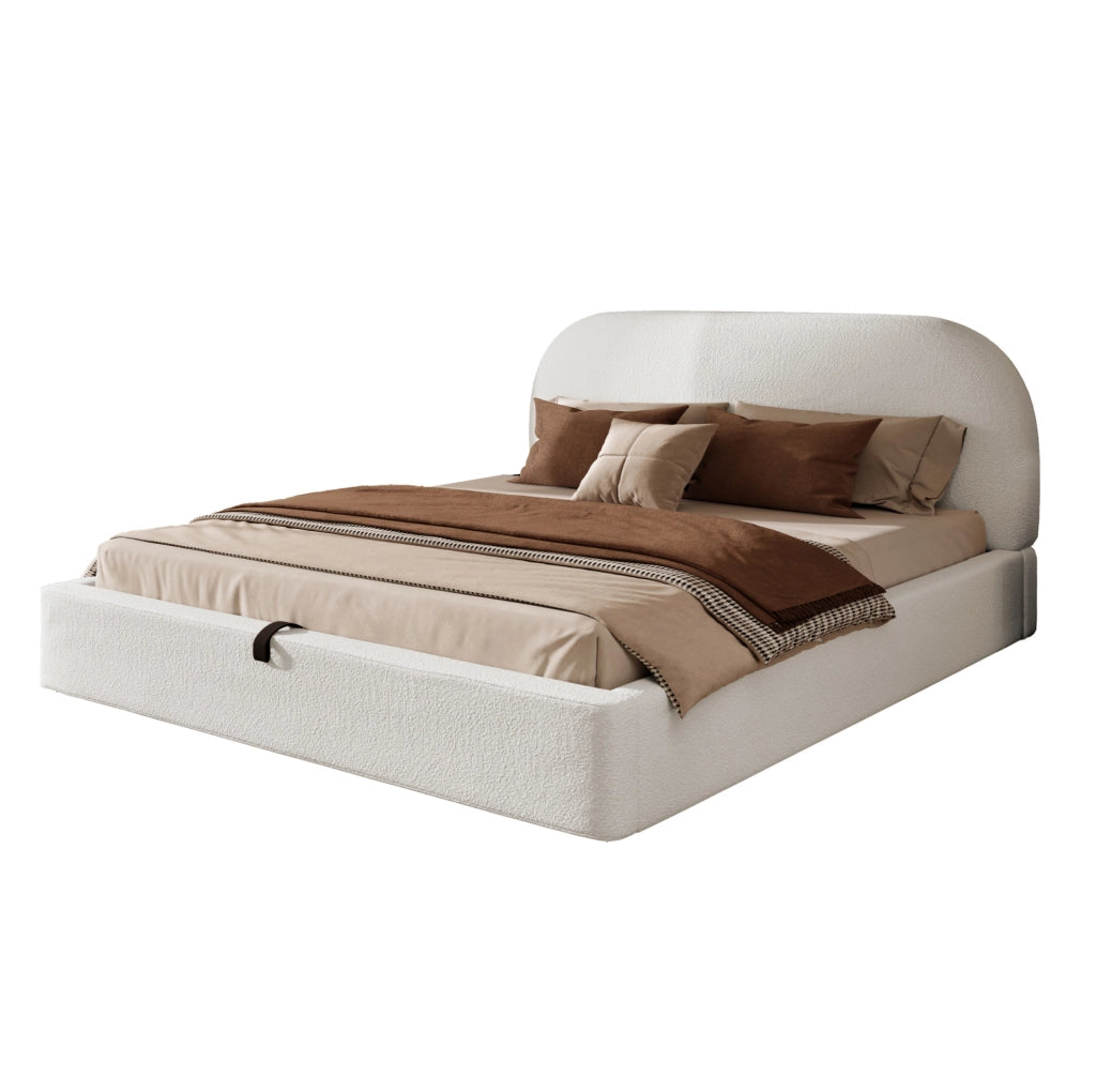 Letto imbottito con contenitore; in bouclé beige