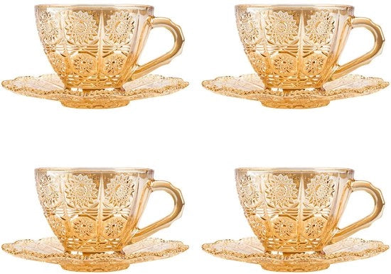 Set di Tazze da Tè in Vetro da 150 ml - Vintage Sacchetti per Caffè - Adatto per Microonde/Lavastoviglie - Motivo a Fiore in Stile Elegante - Per Bevande Calde/Fredde