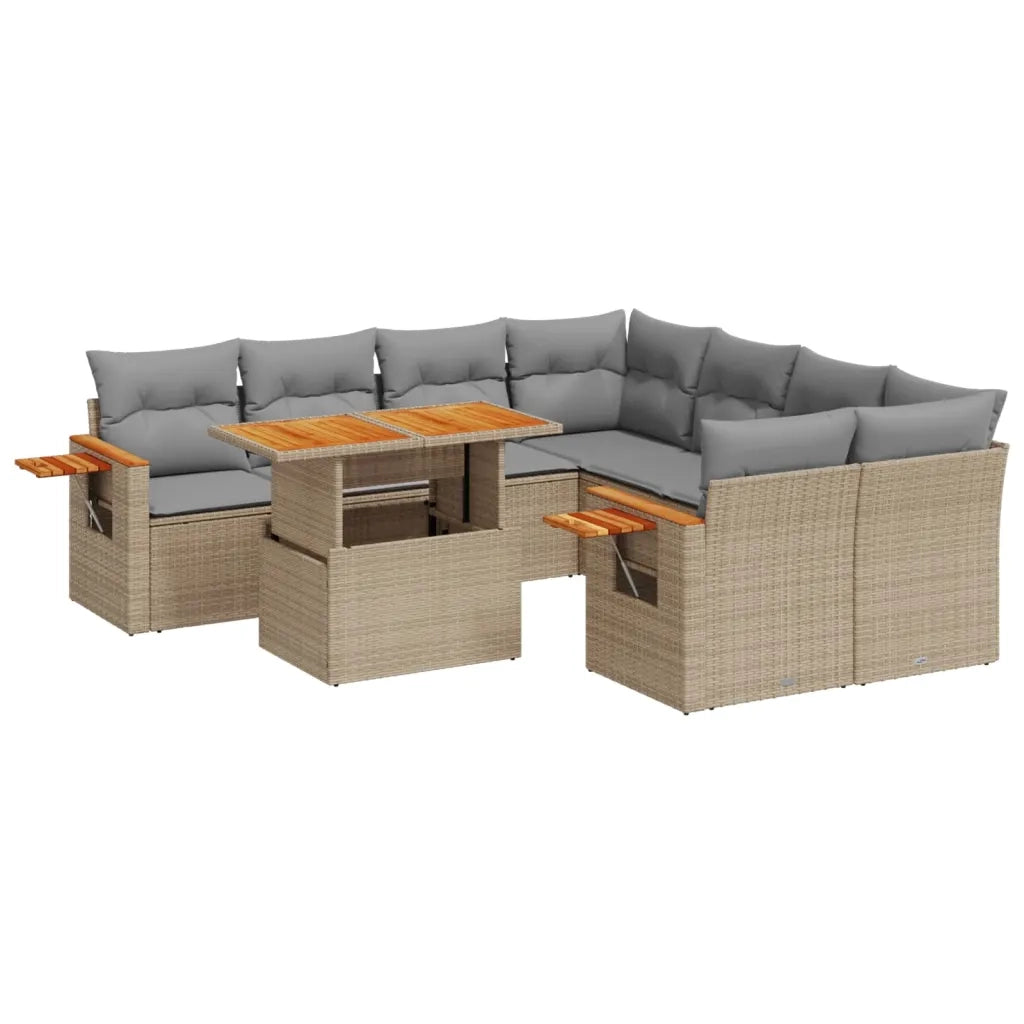 Set Divano da Giardino 9 pz con Cuscini Beige in Polyrattan