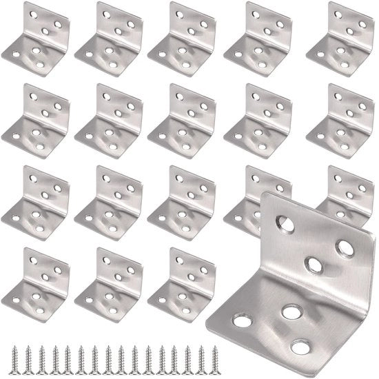 Unsetto angolare in acciaio inossidabile - 90 gradi - 20 pezzi - 40 x 40 x 2 mm - Incluso 120 viti - Supporto stabile