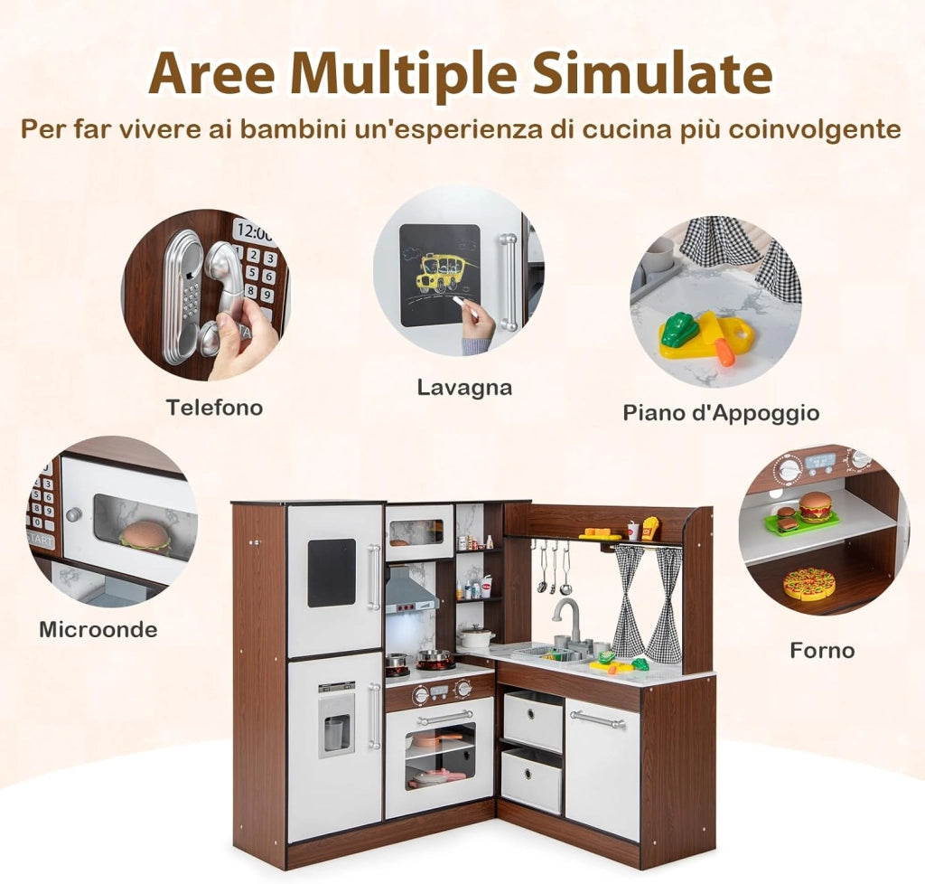 Set da Cucina Giocattolo in Legno, Cucina Giocattolo per Bambini con Accessori, Piano di Cottura con Luci e Suoni, Cucina Giocattolo per Divertimento ed Educazione, Età 3+ anni