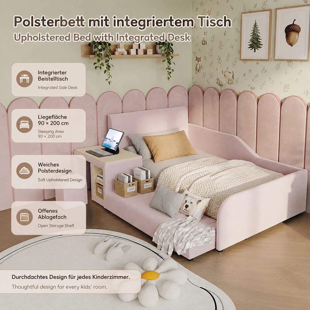LETTO singolo 90x200 cm in velluto rosa con scrivania, sgabello e ripiano