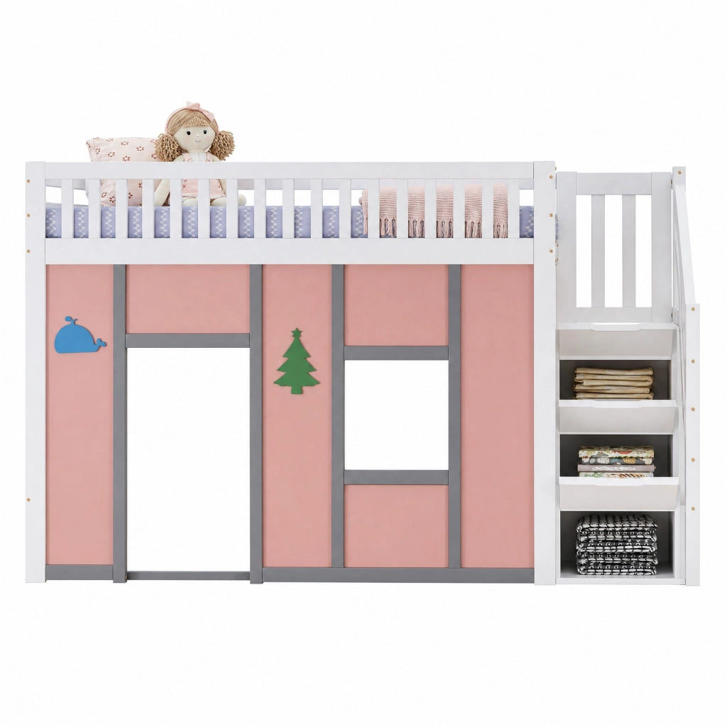 Letto a soppalco per bambini 90x200 cm bianco e rosa con scala contenitore e LED