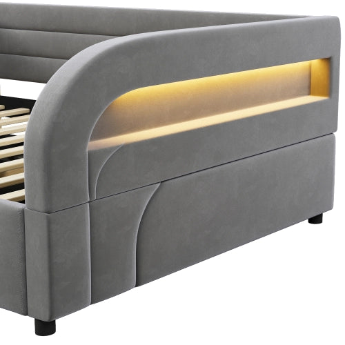 Letto una piazza e mezza con contenitore idraulico 140x200 cm LEMONMAX, LED RGB, struttura imbottita, MDF e tessuto, grigio