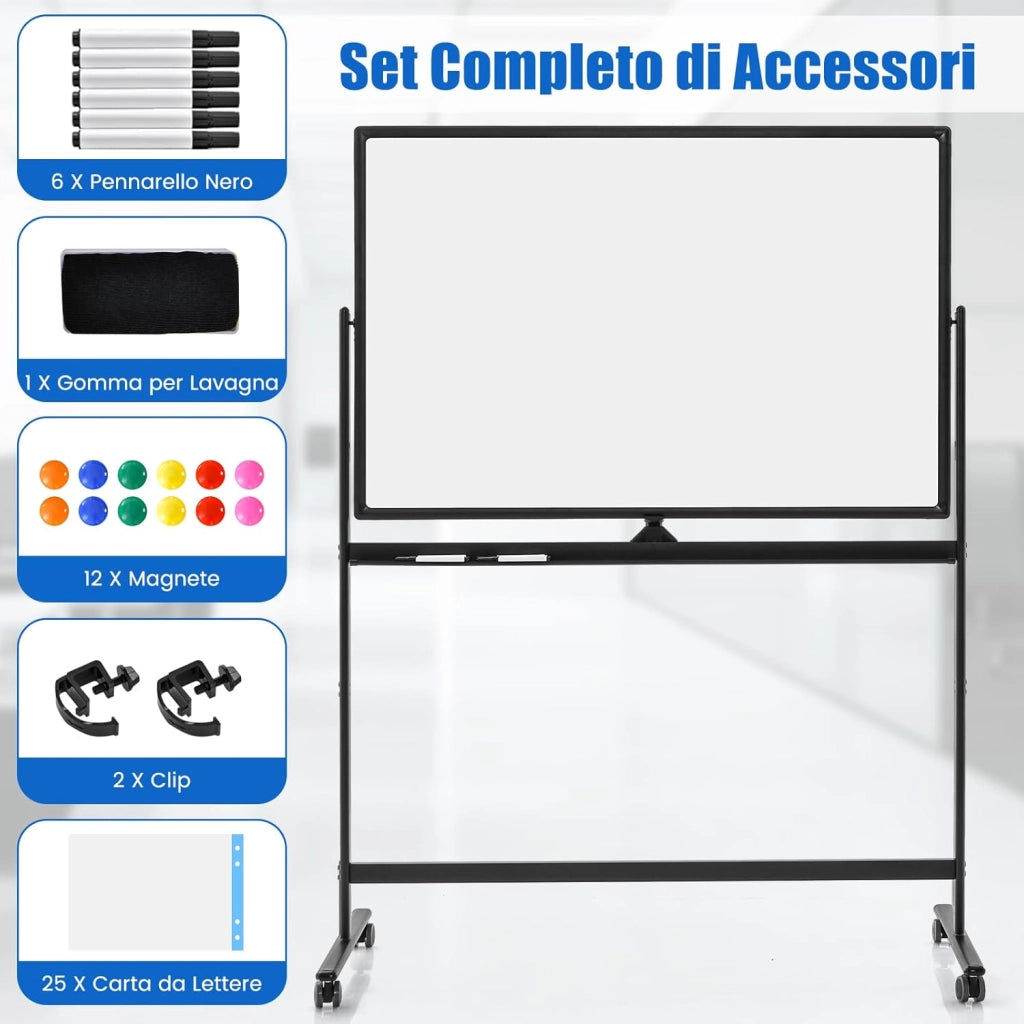 Lavagna Bianca Portatile con Ruote, Lavagna Bianca Regolabile in Altezza, Lavagna a Secco Reversibile per Scuola, Ufficio, Casa, 80 x 120 cm (Nero)