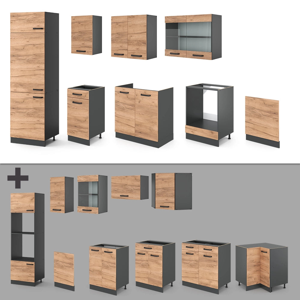 Cucina componibile R-Line Rovere dorato/Antracite 300 cm senza piano di lavoro Vicco