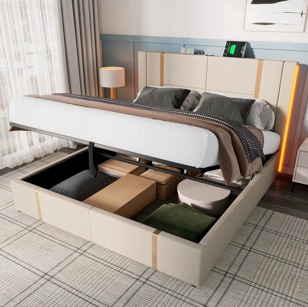 Letto matrimoniale imbottito con LED, USB e USB-C, contenitore e materasso incluso