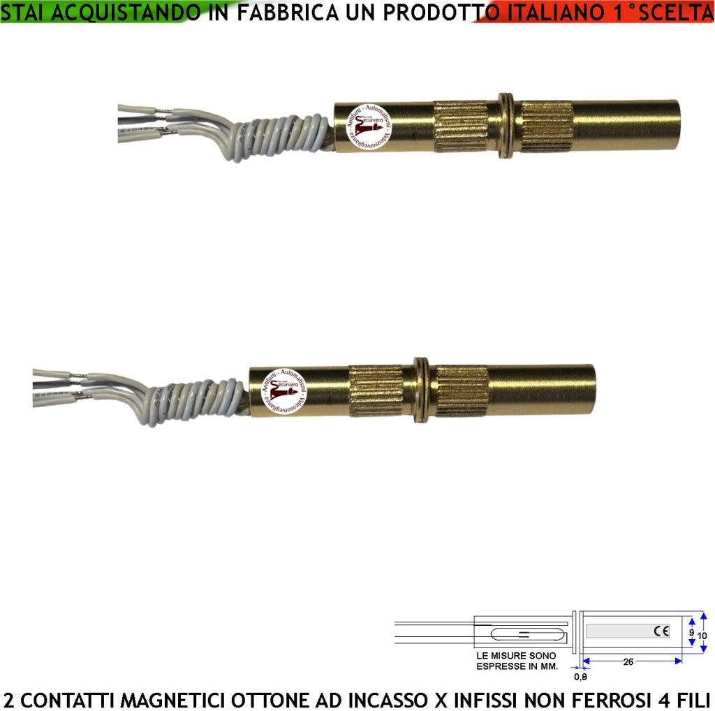 Sensore Magnetico da Incasso Cilindrico Ottone 2 Pezzi Reed NC Collegamento 4 Fili Tensione Transito Max 100 V 10 W Carico Resistivo Antifurto Infissi Non Ferrosi Forma Cilindrica ABS Prot. IP65