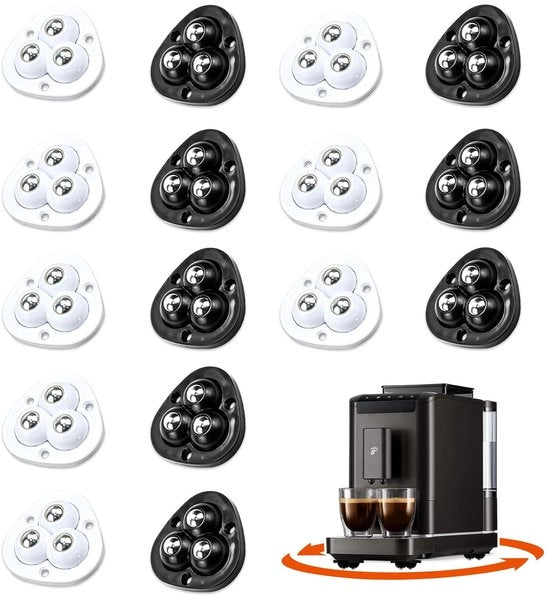 16 mini ruote autoadesive, ruote universali 360° sterzanti, 3-gomiti mini ruote, 20 cm nero, 20 cm bianco, adatte per piccoli dispositivi, mobili, vasi di fiori e decorazioni.