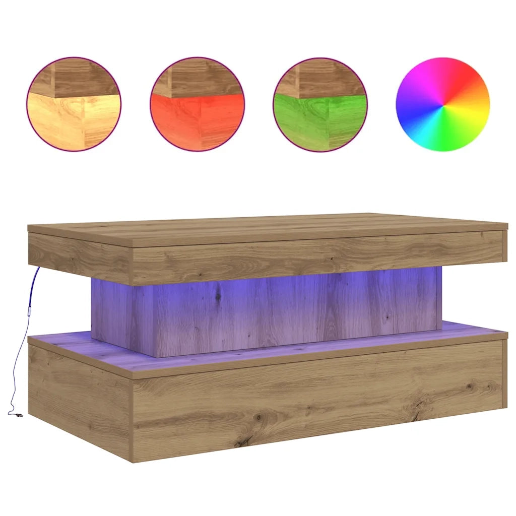 Tavolino da Salotto con Luci LED-Tavolino da soggiorno Rovere Artigianale 90x50x40 cm 754120