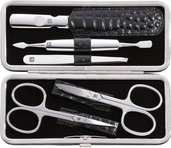 Set di Manicure (5 Pezzi per Cura delle Unghie e dei Piedi, Cassetta in Pelle Autentica con Struttura in Metallo) con Acciaio Inox Lucido Edizione Coccodrillo Nero