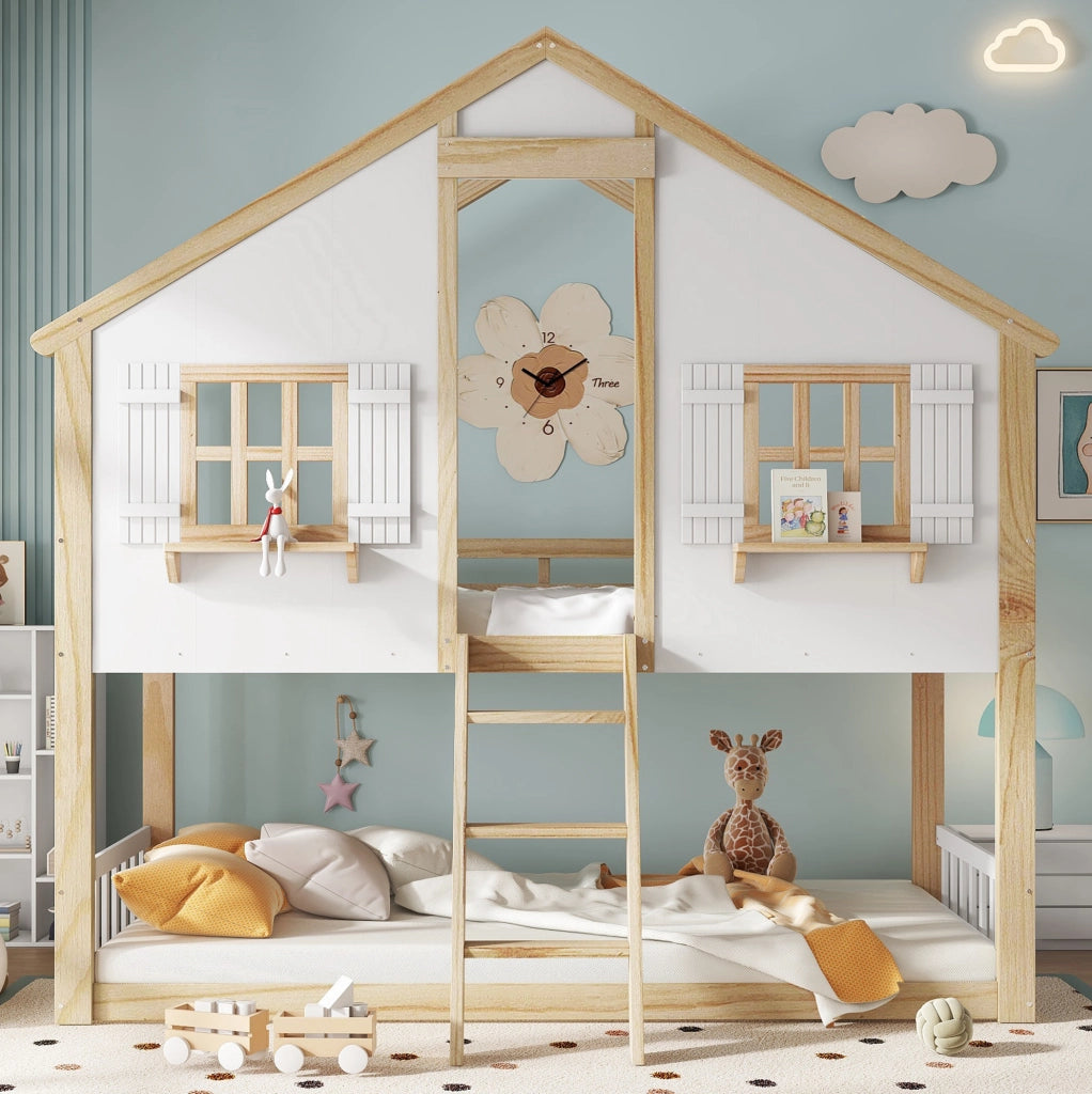 Letto a castello per bambini 90x200 cm con tetto e finestre