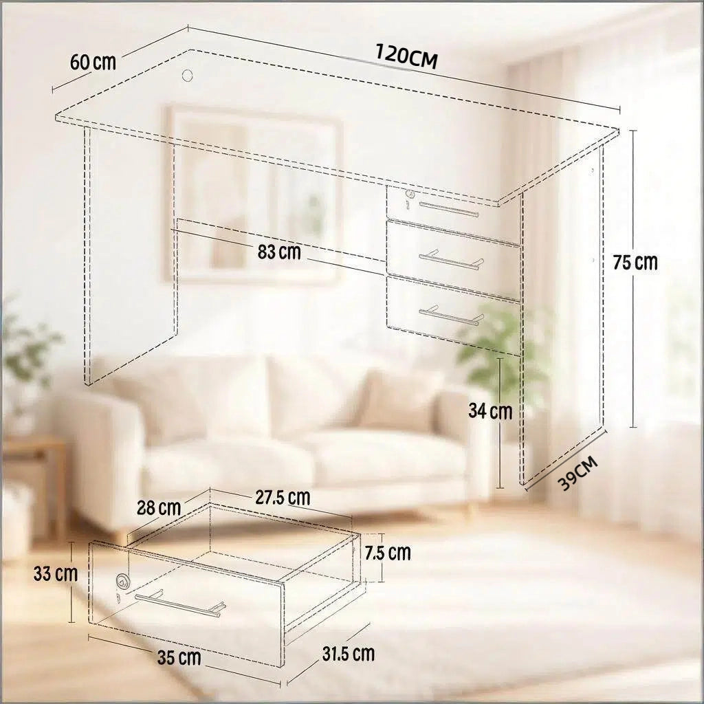Scrivania lineare in legno con 3 cassetti, serratura, guide silenziose, per ufficio, studio e camera