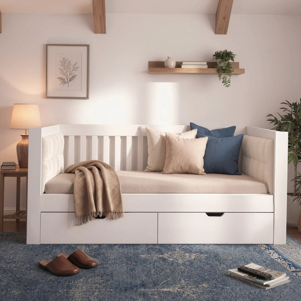 DESMIU Divano letto 90 × 190 cm 1 piazza con 2 cassetti, senza materasso, in legno, bianco