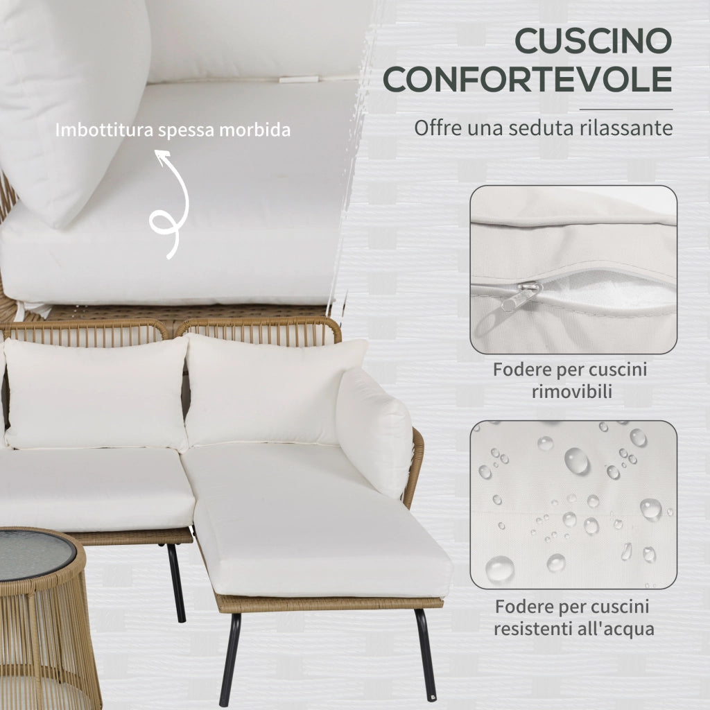 Set da Giardino in Rattan Stile Boho Chic con Divano Angolare e e Tavolino, Crema e Caff¨¨