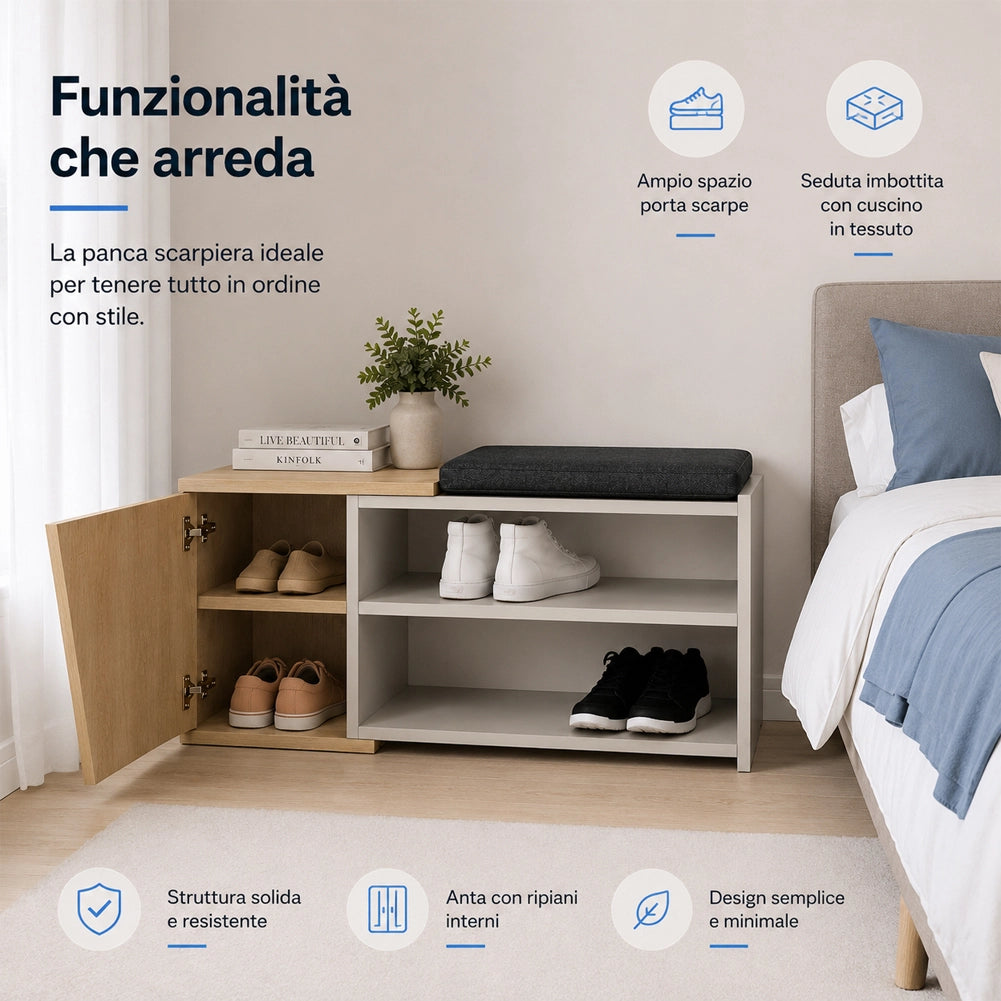 Panca Scarpiera da Ingresso 104x37x47 cm 2 Ripiani Porta Scarpe con Anta e Cuscino in MDF Sabbia