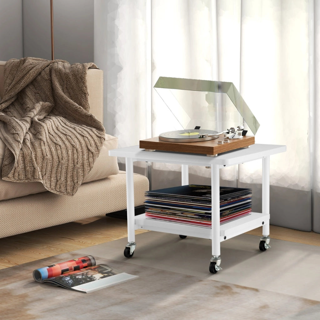 Tavolino in legno multifunzione con ruote girevoli, Mobiletto carrello con 2 ripiani 49x40x37cm Bianco