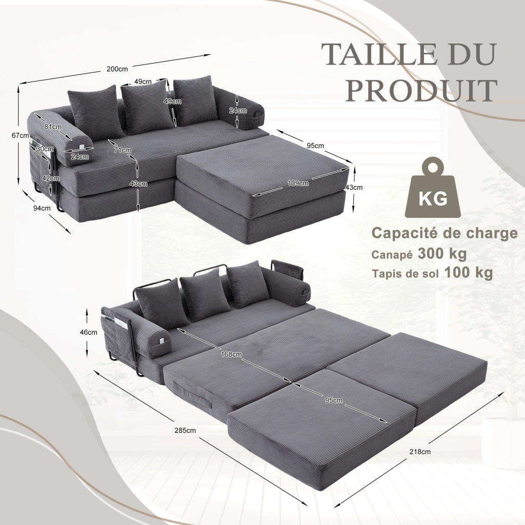 Divano modulare in velluto a coste con pouf, 3 cuscini e tasca laterale, grigio scuro