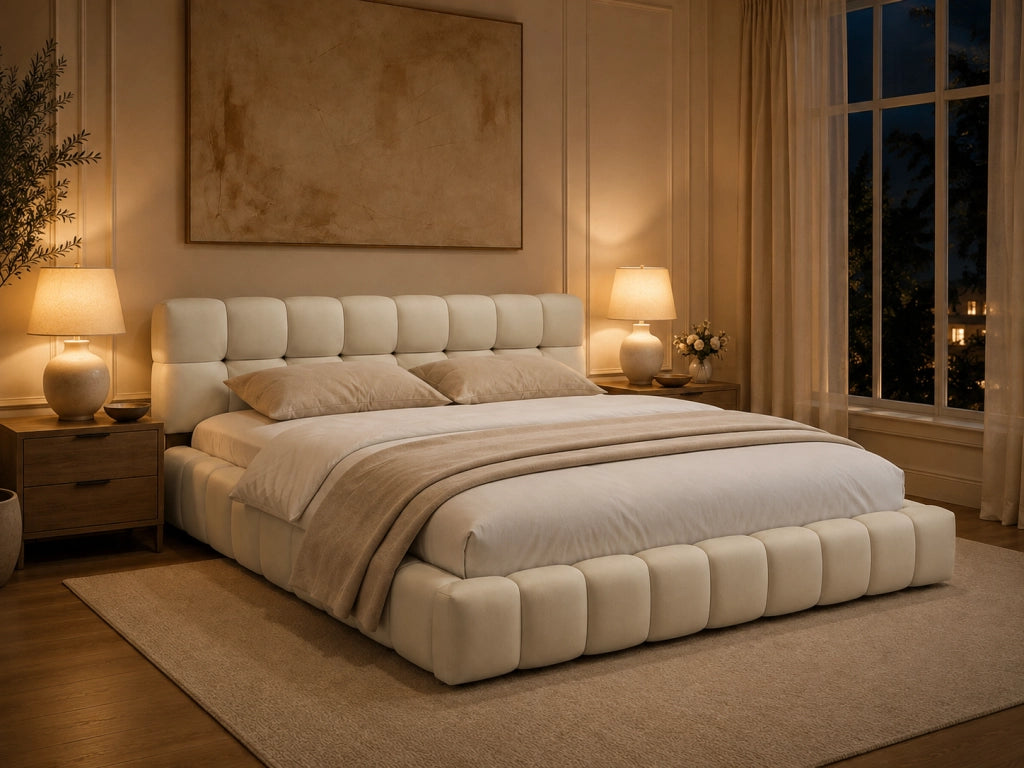Letto matrimoniale imbottito lino beige 160x200 cm, testiera morbida a pannelli, struttura robusta, design moderno per camera da letto