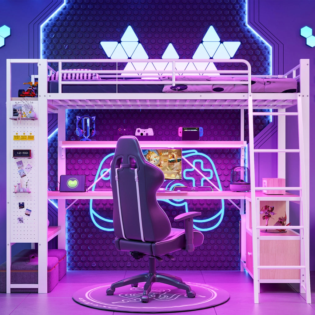DESMIU Letto a soppalco singolo con scrivania, LED regolabile, USB e vani 90 × 200 cm, senza materasso