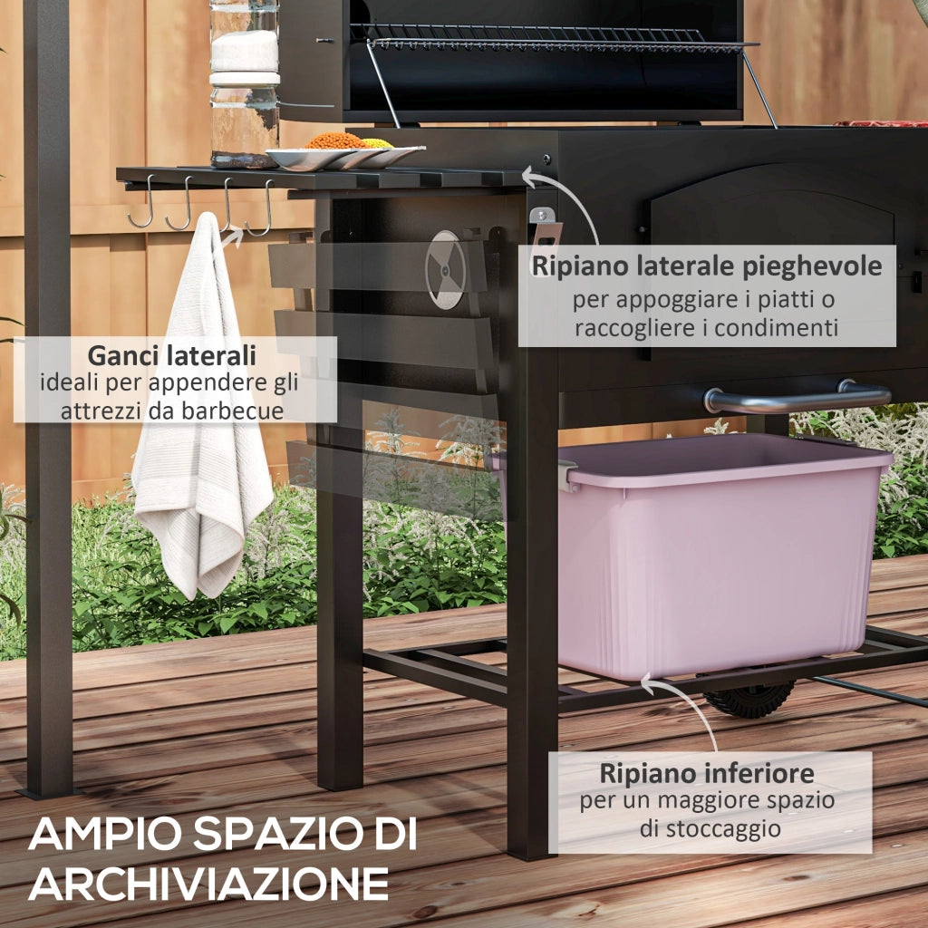 Barbecue a 2 Ruote con Griglia Affumicatore e Fornello ¨C Xylo ¨C Metallo Ghisa Nero 124x66x112cm