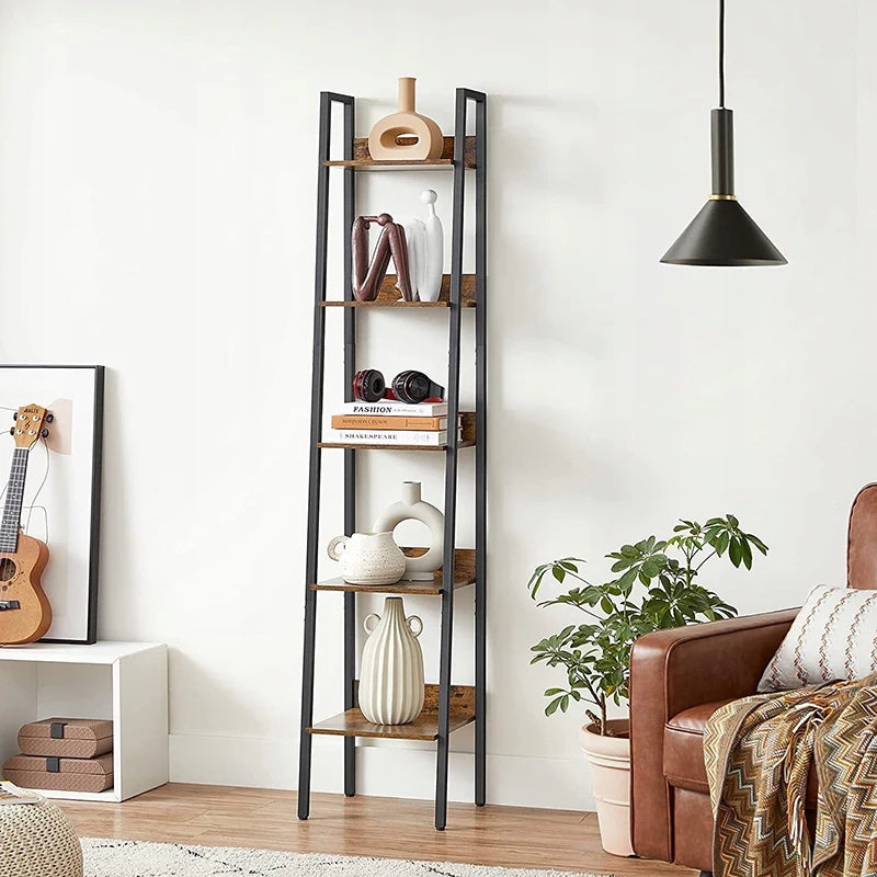 Scaffale nero da 170 cm di altezza, in metallo e materiale ligneo, funzionale e salvaspazio.