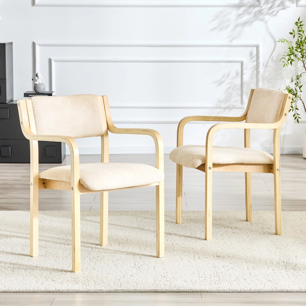 Sedia da pranzo con braccioli e schienale ergonomico in legno e tessuto teddy bianco