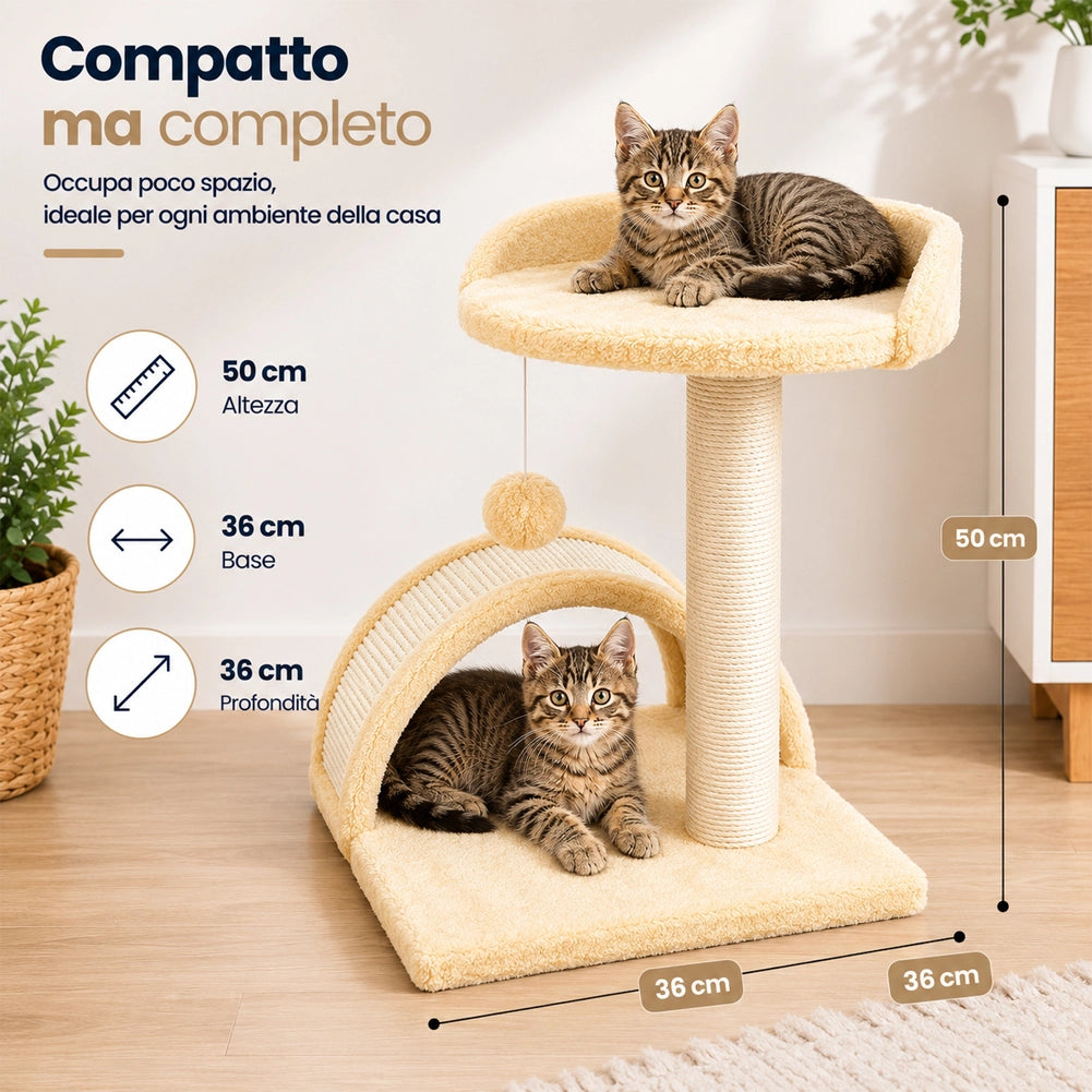 Tiragraffi Per Gatti Beige Con Gioco Pallina Palo 50cm Topolino Tunnel Soffice