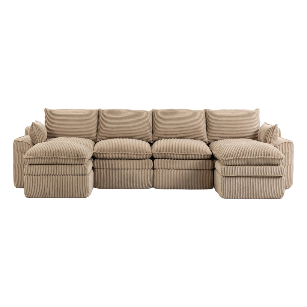 Divano Modulare 4 Posti con 2 Pouf ¨C MINIMAL ¨C Tessuto a Coste, Cuscini, Khaki
