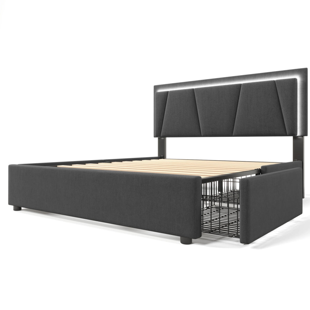 Letto Contenitore Matrimoniale 140x200 cm con LED; 4 Cassetti e Testiera Regolabile Grigio