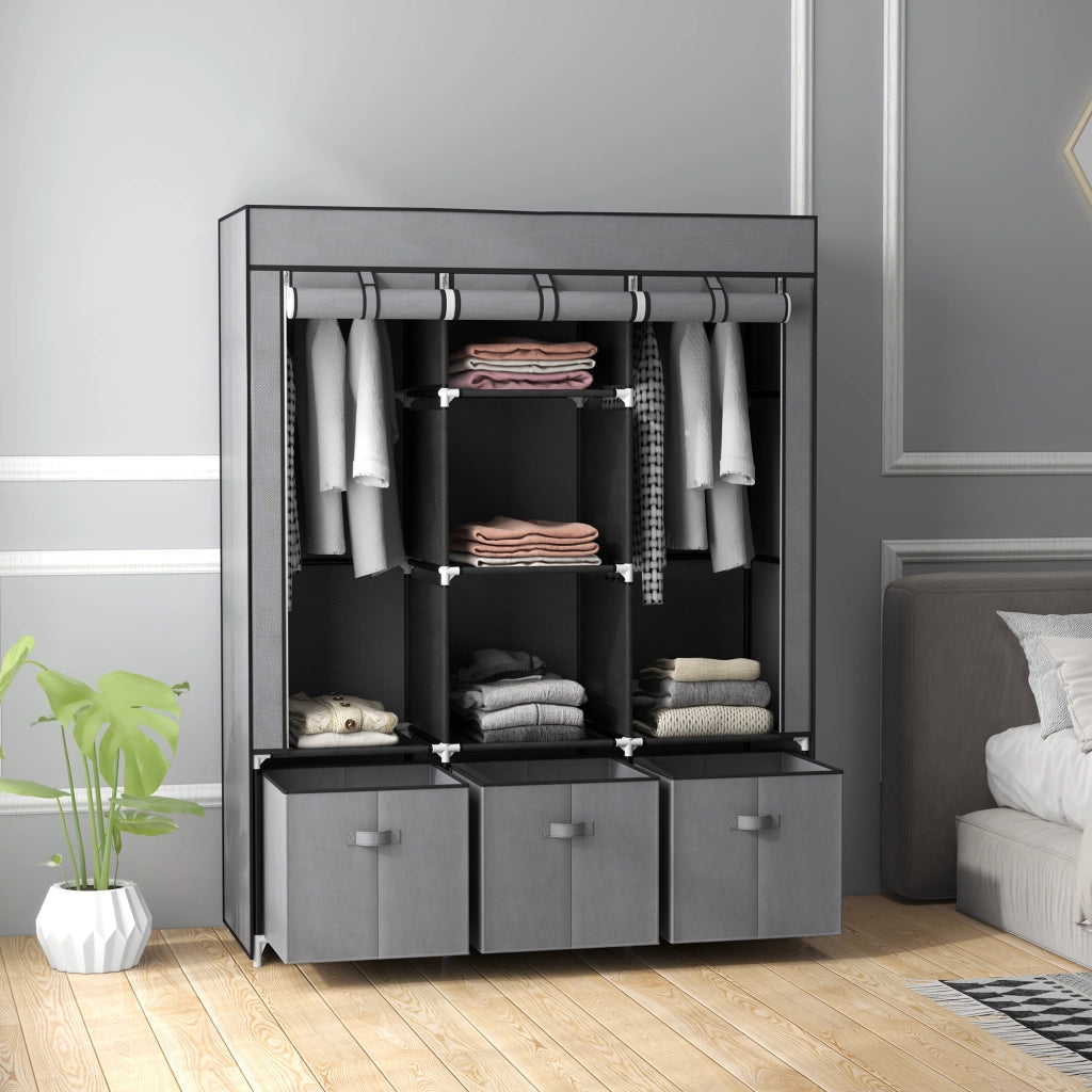 Armadio in Tessuto Pieghevole con Cassetti e Ante Avvolgibili con Zip, 125x43x162.5cm, Grigio Scuro