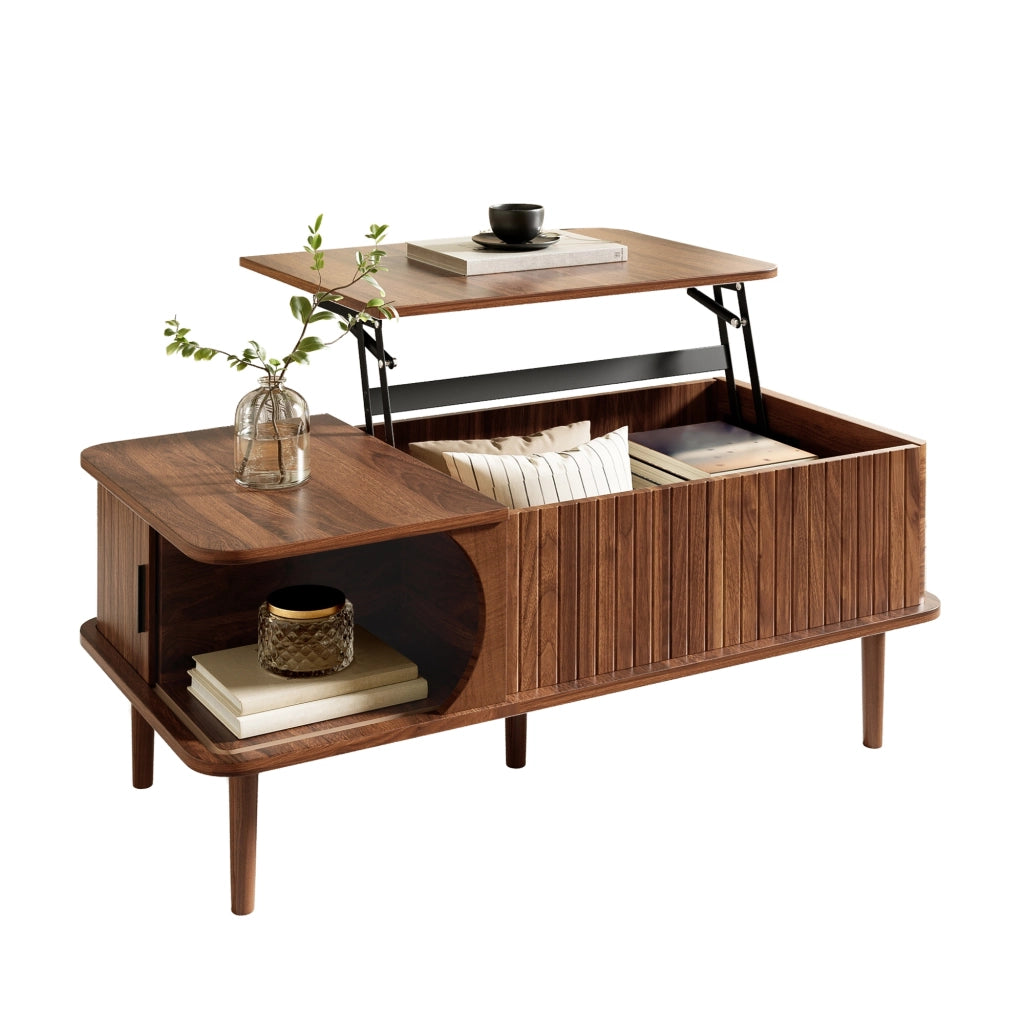 Tavolino da salotto - Tavolino d'appoggio - Piano allungabile - Mobile multifunzione per soggiorno - Vani contenitori nascosti - Con anta scorrevole - Gambe in legno - Finitura color noce