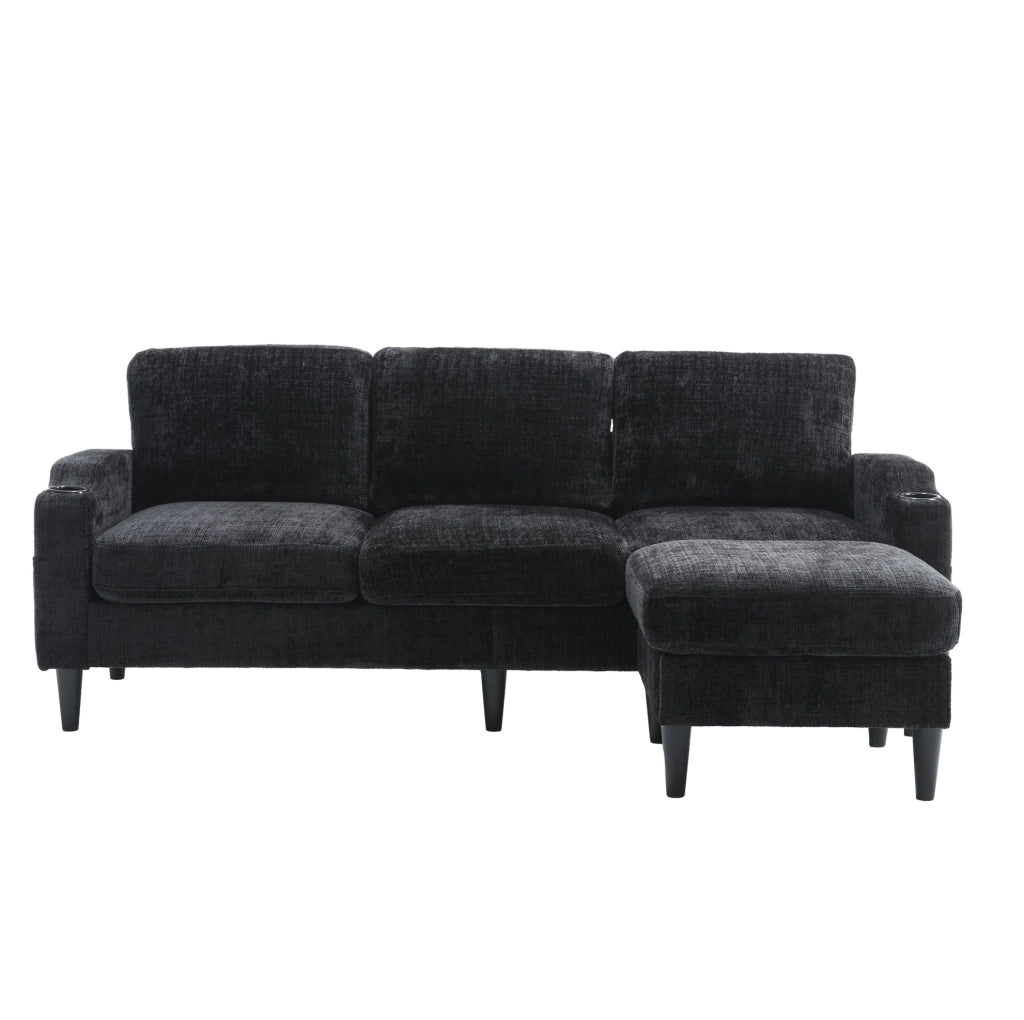 Divano 4 posti con pouf contenitore e portabicchieri 196;5x75x77 cm; chenille nero