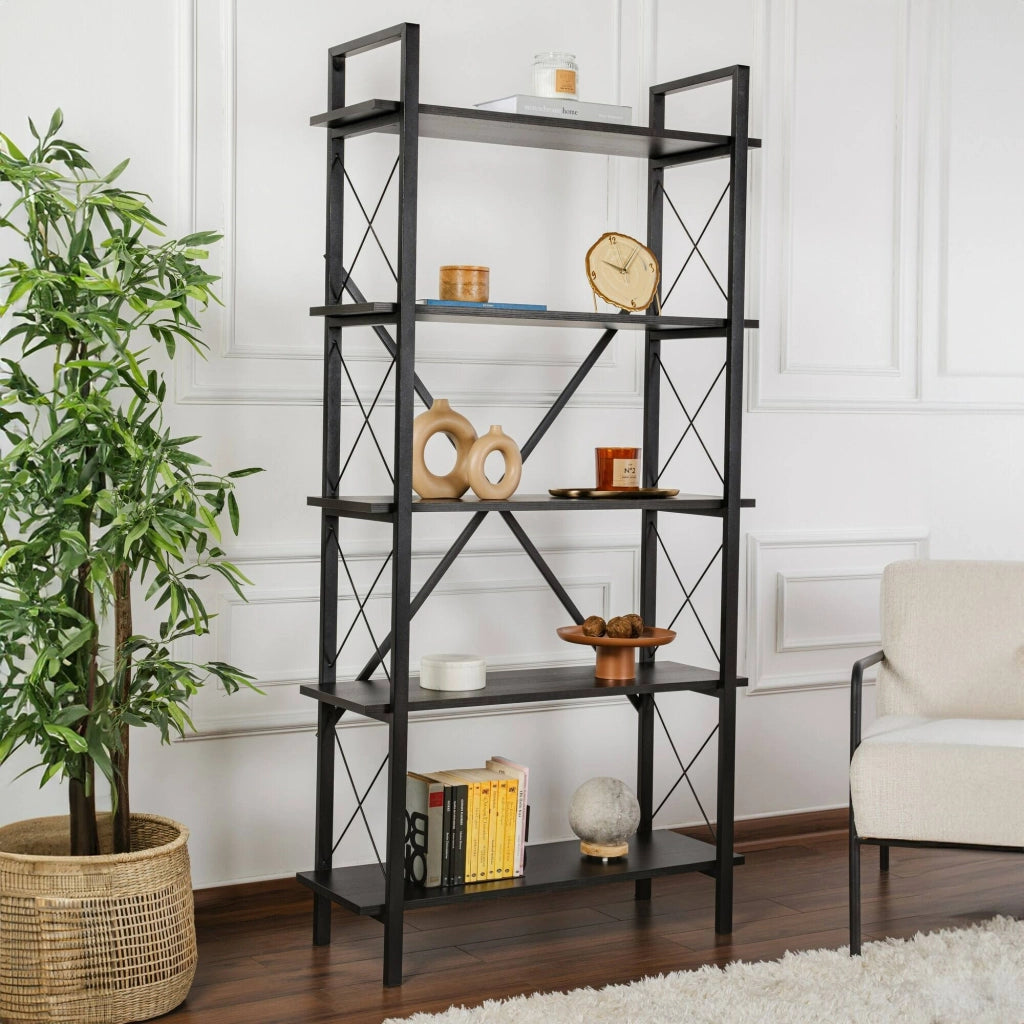 Libreria Suriel, Scaffale da ufficio, Mobile portalibri, Biblioteca, 90x34 h180 cm, Nero
