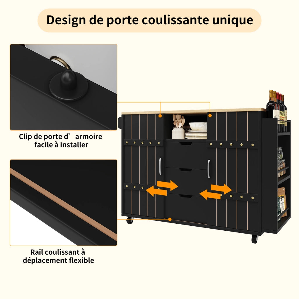 OKWISH Carrello da Cucina con 2 Ante Scorrevoli e 3 Cassetti, Piano Ribaltabile, Portasciugamani e Ruote, 110 × 42 × 90 cm