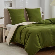 Biancheria da letto 135 x 200 cm, cotone, biancheria da letto reversibile con chiusura a righelli, biancheria da letto a due tonalità con cuscini 80 x 80 cm, verde bosco/beige