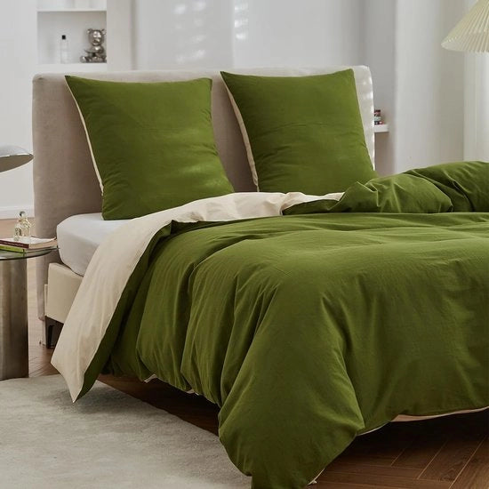 Biancheria da letto 135 x 200 cm, cotone, biancheria da letto reversibile con chiusura a righelli, biancheria da letto a due tonalità con cuscini 80 x 80 cm, verde bosco/beige