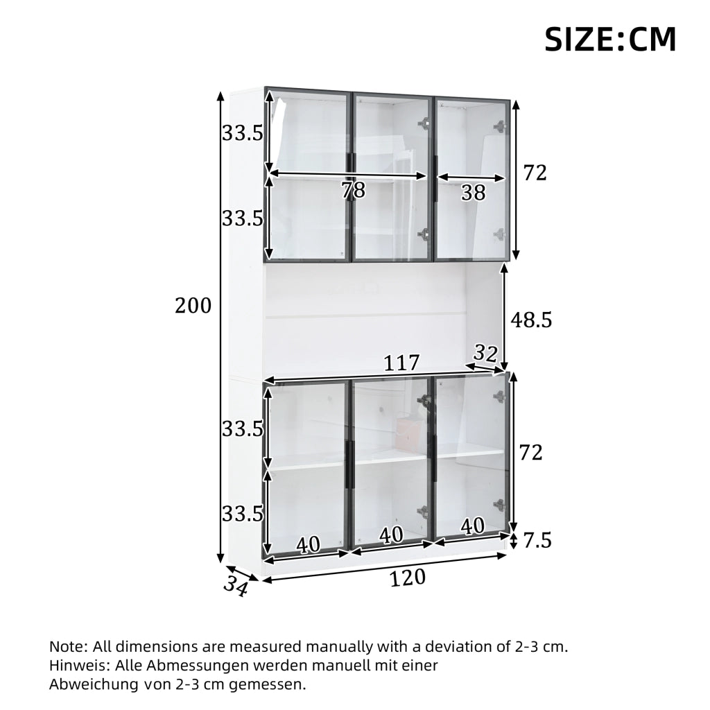Vetrina Alta con LED ¨C Xylo ¨C Bianco, 6 Ante, Ripiani, 120x34x200 cm