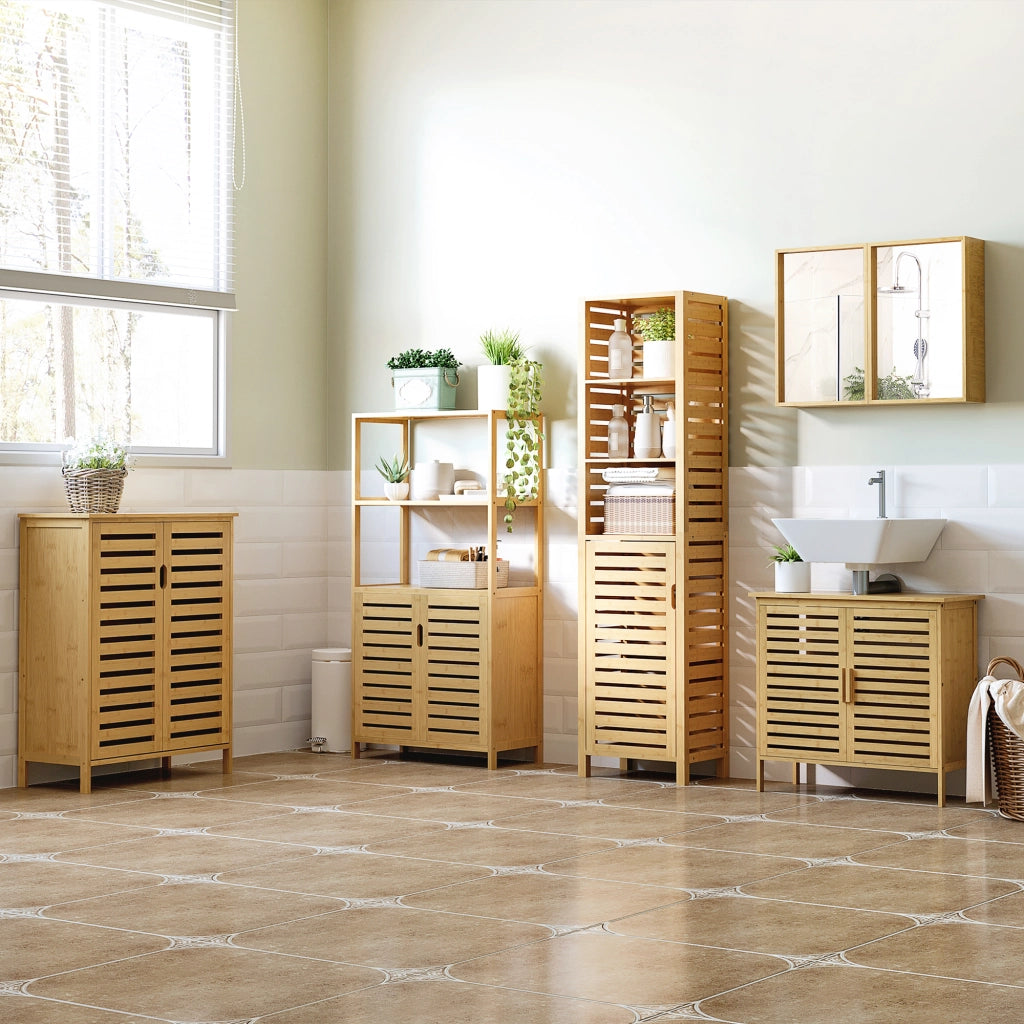 Mobile Bagno Moderno a 2 Ante con 2 Ripiani Ventilati in Bamb¨´, 68x32x86 cm, color Legno