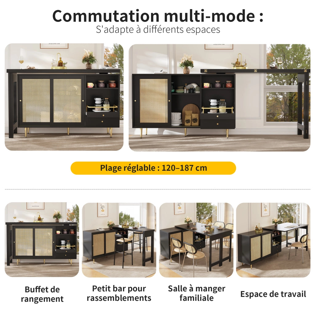 Mobile Bar con 1 Anta in Rattan; 1 Cassetto; Piano Girevole a 360° Estensibile; in MDF; 107 x 40 x 71.4 cm; Nero