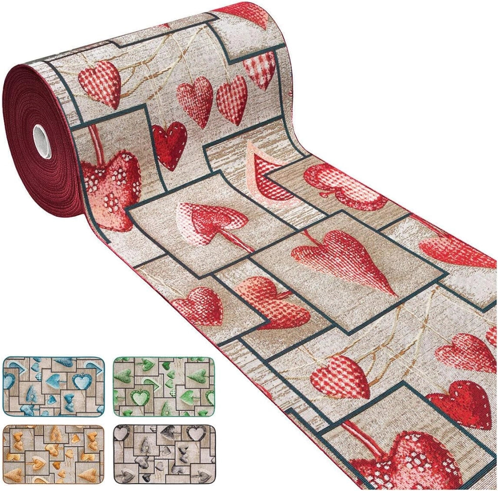 Tappeto Cucina Tessuto Gobelin 54x240 cm Passatoia Lavabile Antiscivolo Shabby Chic Cuori Verde