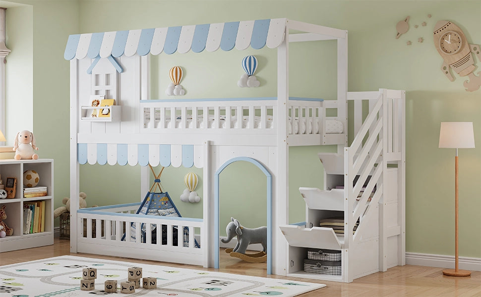 Letto a castello con scalinata e contenitore in legno massello e MDF 90x200 cm